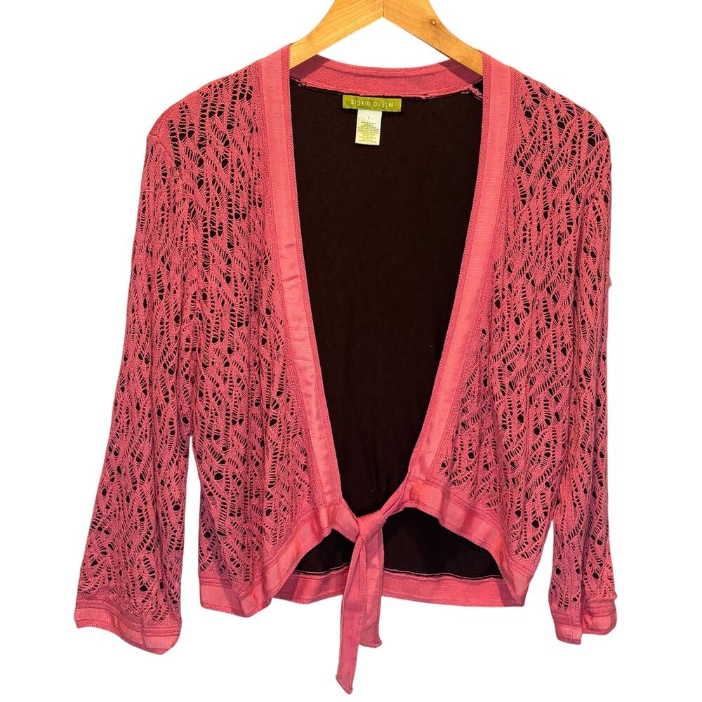 Sigrid Olsen Y2K Pink Crocheted Knit Tie Front Sweater - size Large